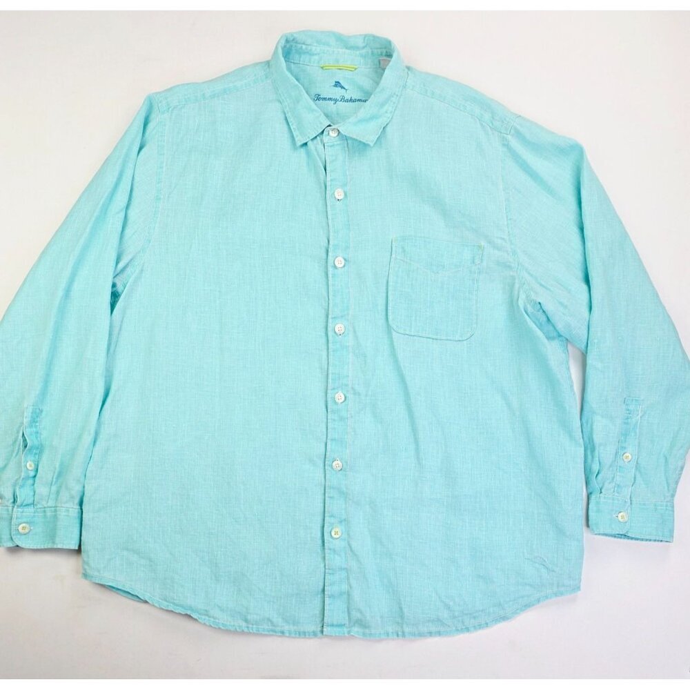 Tommy Bahama Size 2XL Mens Seafoam Blue Linen Mens Embroidered Logo Pocket Shirt
